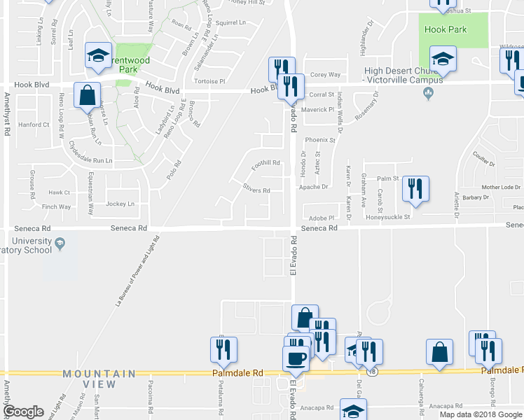 map of restaurants, bars, coffee shops, grocery stores, and more near 14413 Windmill Circle in Victorville