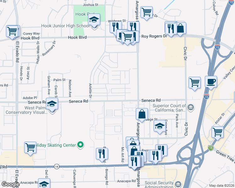 map of restaurants, bars, coffee shops, grocery stores, and more near 15160 Seneca Road in Victorville