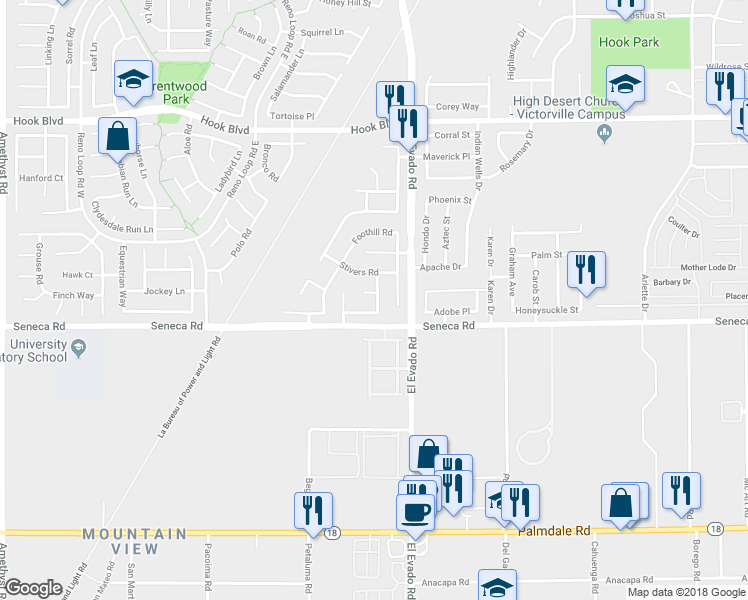 map of restaurants, bars, coffee shops, grocery stores, and more near 14425 Windmill Circle in Victorville