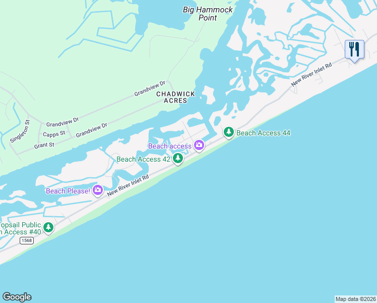 map of restaurants, bars, coffee shops, grocery stores, and more near 1611 New River Inlet Road in North Topsail Beach