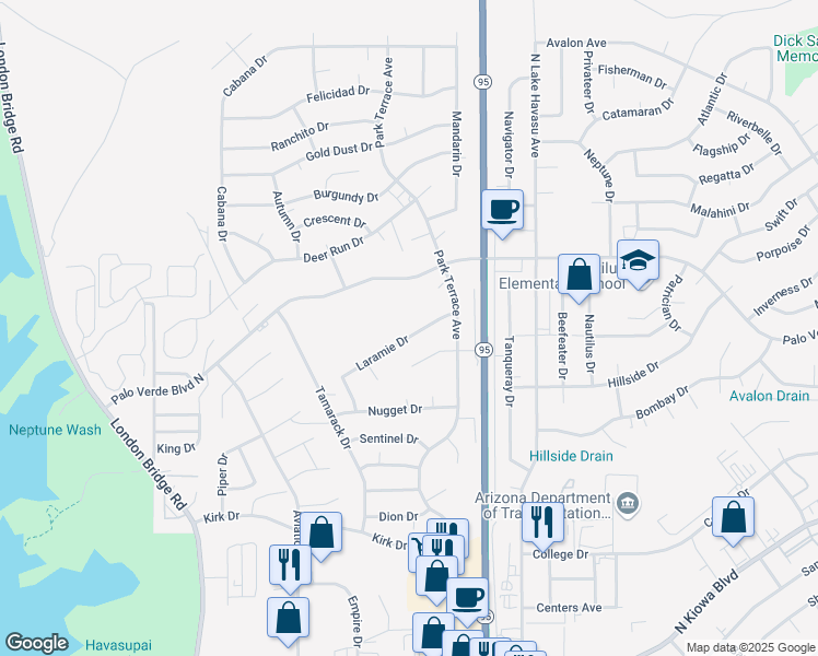 map of restaurants, bars, coffee shops, grocery stores, and more near 1921 Laramie Drive in Lake Havasu City