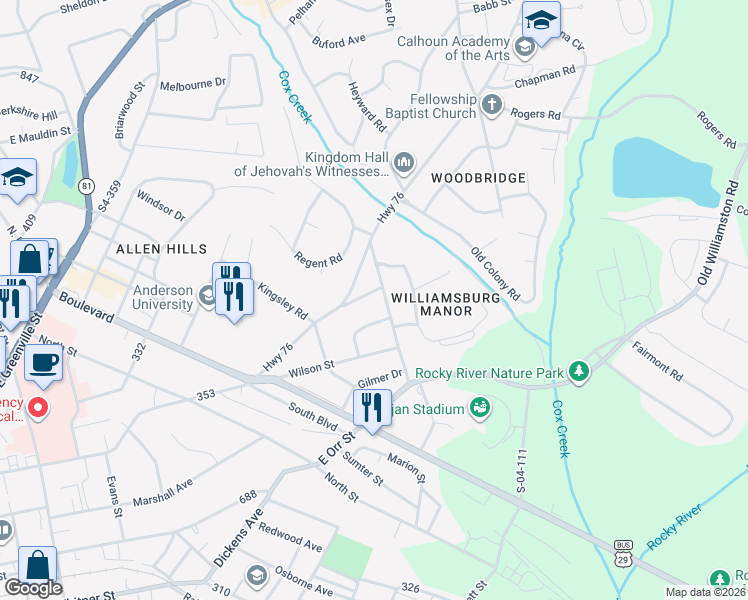 map of restaurants, bars, coffee shops, grocery stores, and more near 1018 Calhoun Drive in Anderson