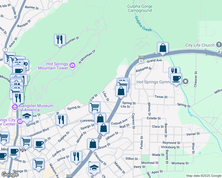 map of restaurants, bars, coffee shops, grocery stores, and more near 111 Polk Place in Hot Springs