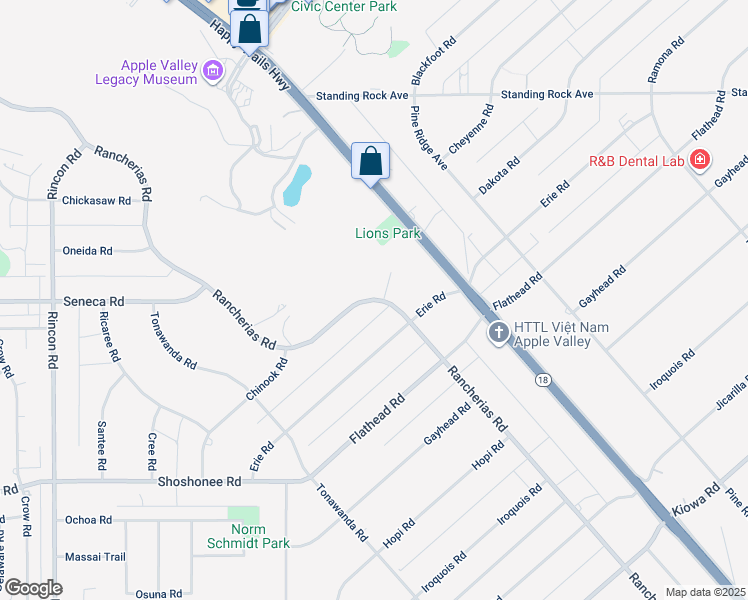 map of restaurants, bars, coffee shops, grocery stores, and more near Rancherias Road in Apple Valley