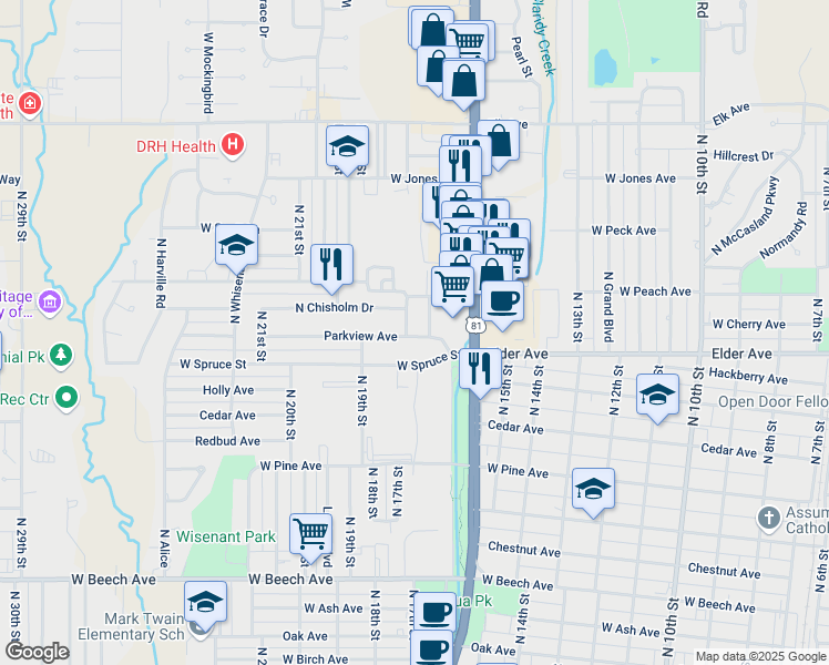 map of restaurants, bars, coffee shops, grocery stores, and more near 1707 West Parkview Avenue in Duncan