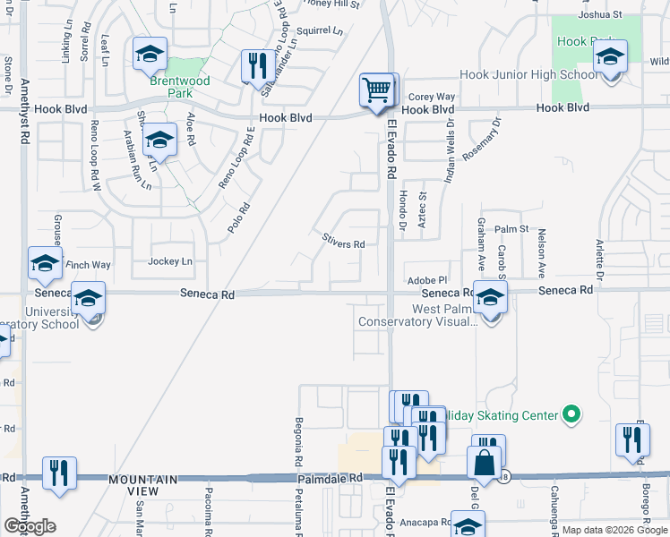 map of restaurants, bars, coffee shops, grocery stores, and more near 14553 Huntridge Court in Victorville