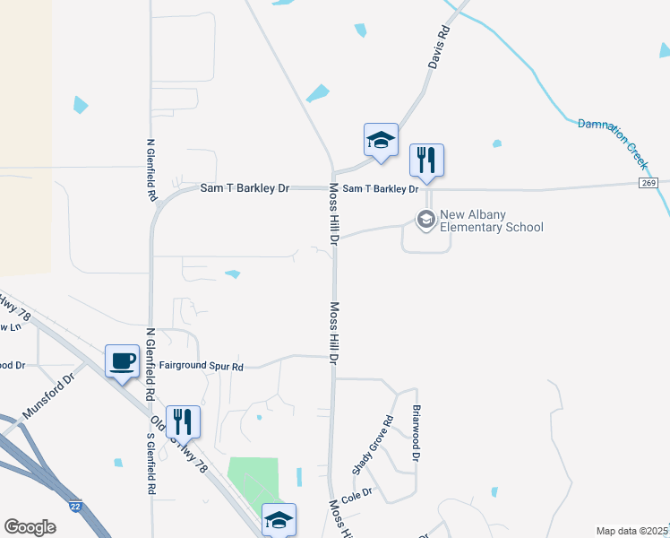 map of restaurants, bars, coffee shops, grocery stores, and more near 1108 Moss Hill Drive in New Albany
