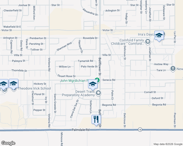 map of restaurants, bars, coffee shops, grocery stores, and more near 14557 Juniper Ln in Adelanto