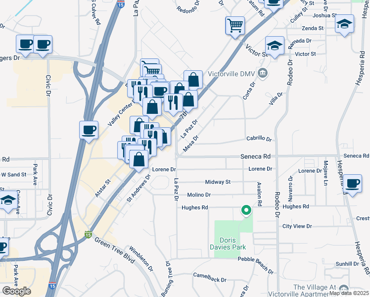 map of restaurants, bars, coffee shops, grocery stores, and more near 14580 Mesa Drive in Victorville