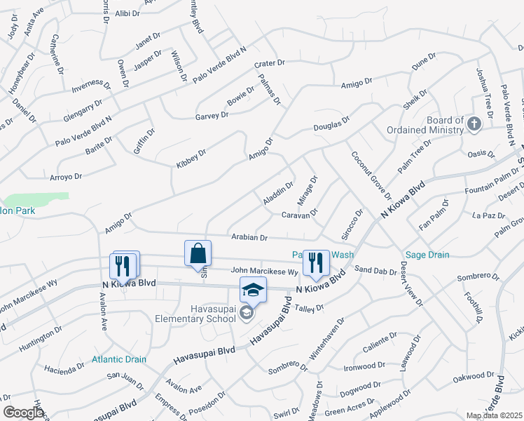 map of restaurants, bars, coffee shops, grocery stores, and more near 2970 Aladdin Drive in Lake Havasu City