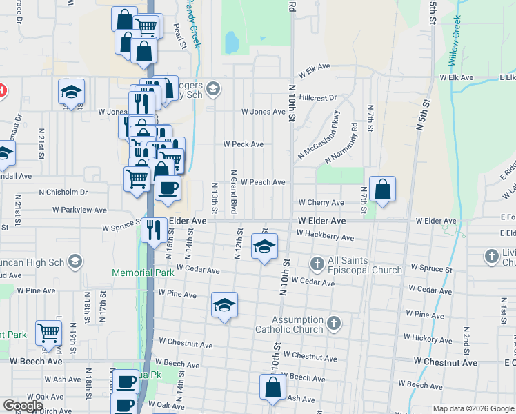 map of restaurants, bars, coffee shops, grocery stores, and more near 1110 North 12th Street in Duncan