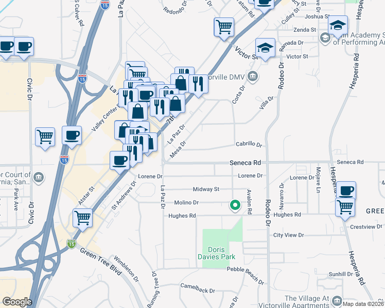 map of restaurants, bars, coffee shops, grocery stores, and more near 16249 Cabrillo Drive in Victorville