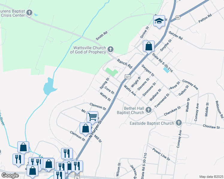 map of restaurants, bars, coffee shops, grocery stores, and more near 102 Cora Street in Laurens