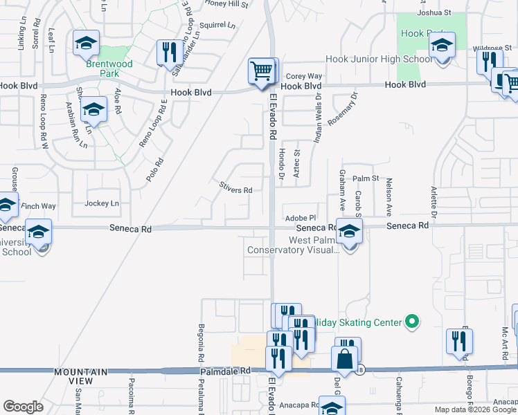 map of restaurants, bars, coffee shops, grocery stores, and more near 14560 Foothill Road in Victorville