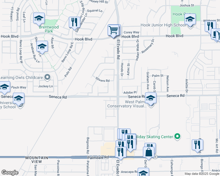 map of restaurants, bars, coffee shops, grocery stores, and more near 14559 Windmill Road in Victorville