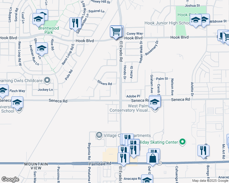 map of restaurants, bars, coffee shops, grocery stores, and more near 14560 Foothill Road in Victorville