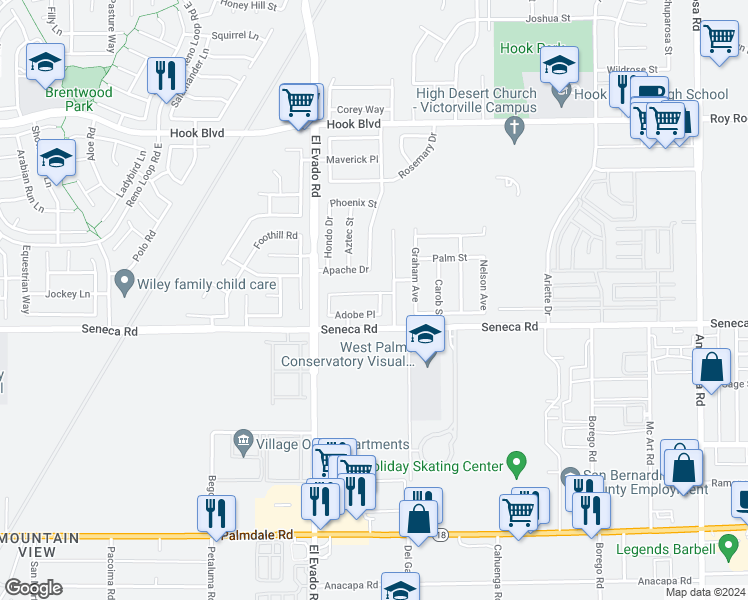 map of restaurants, bars, coffee shops, grocery stores, and more near 14625 Tucson Street in Victorville