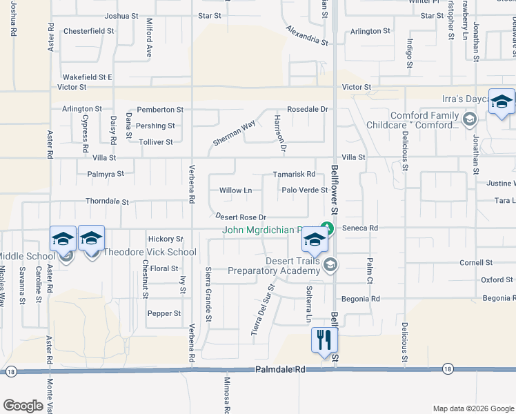 map of restaurants, bars, coffee shops, grocery stores, and more near 14556 Lilac Road in Adelanto