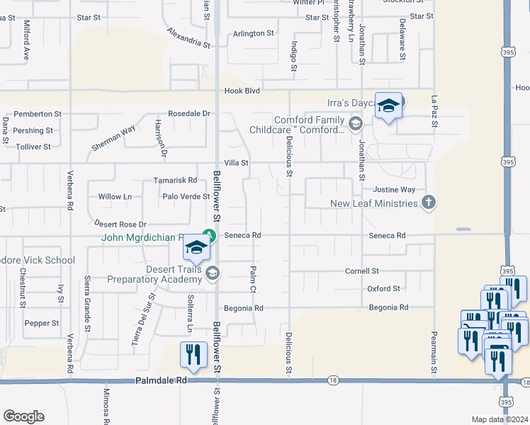 map of restaurants, bars, coffee shops, grocery stores, and more near 14563 Monterey Place in Adelanto