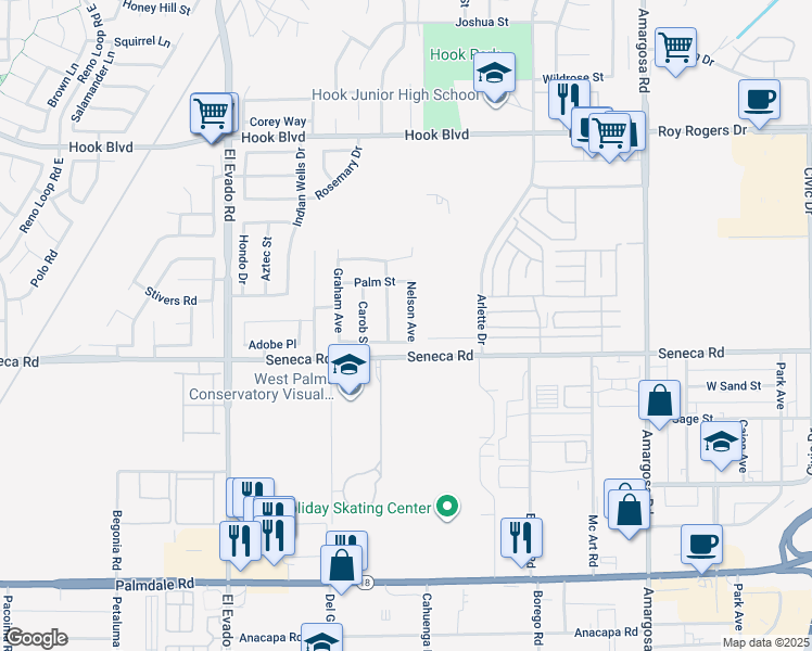 map of restaurants, bars, coffee shops, grocery stores, and more near 14558 Nelson Avenue in Victorville