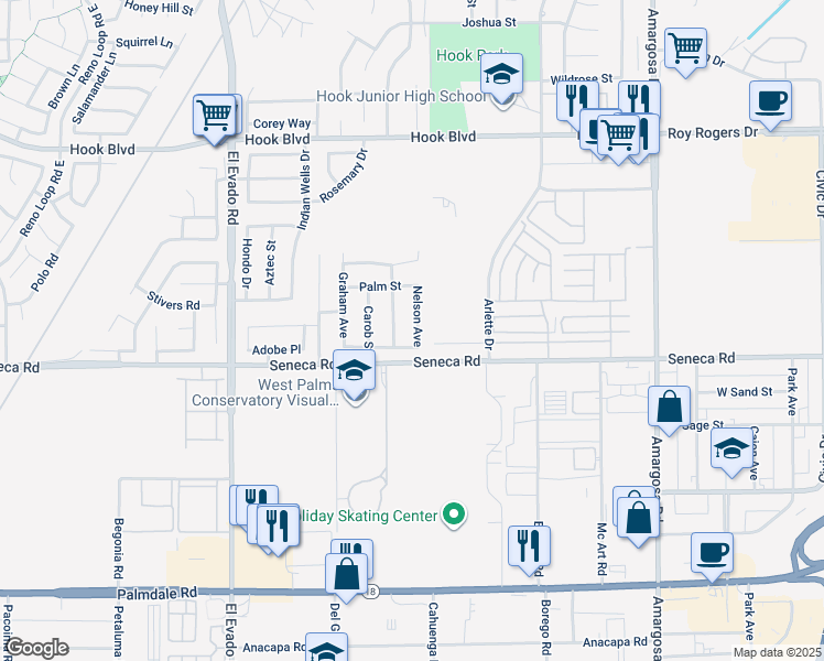 map of restaurants, bars, coffee shops, grocery stores, and more near 14558 Nelson Avenue in Victorville