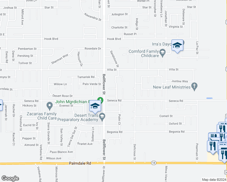 map of restaurants, bars, coffee shops, grocery stores, and more near 11373 Essex Court in Adelanto