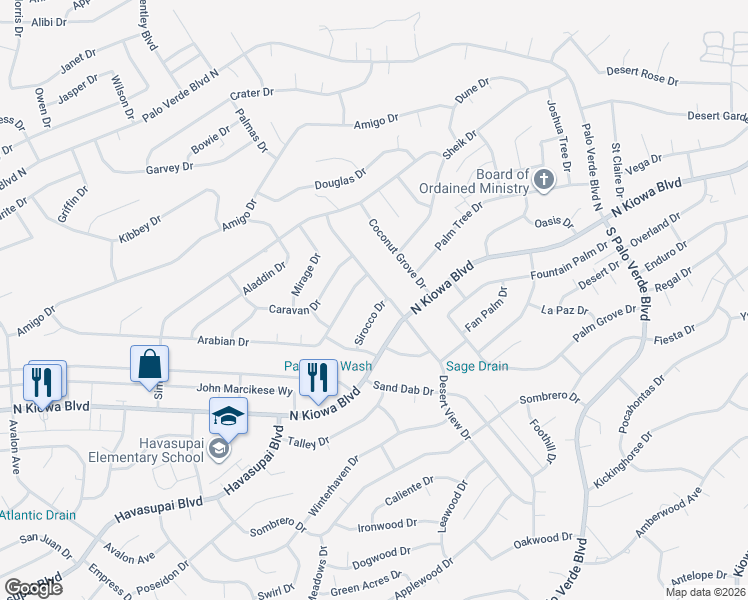 map of restaurants, bars, coffee shops, grocery stores, and more near 3187 Sirocco Drive in Lake Havasu City