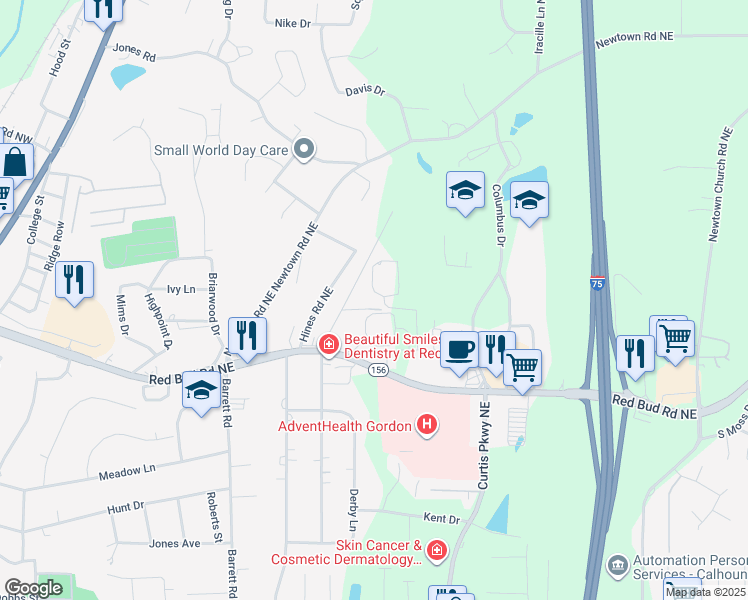 map of restaurants, bars, coffee shops, grocery stores, and more near 126 Shepherd Road Northeast in Calhoun