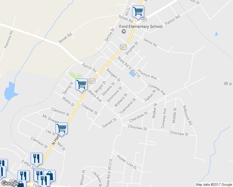 map of restaurants, bars, coffee shops, grocery stores, and more near 10 Simmons Street in Laurens