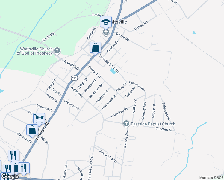 map of restaurants, bars, coffee shops, grocery stores, and more near 502 Swygert Street in Laurens