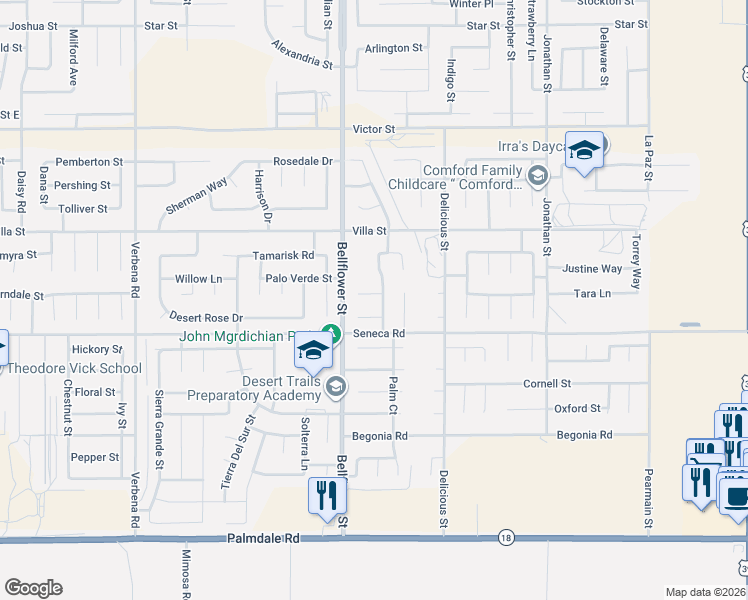 map of restaurants, bars, coffee shops, grocery stores, and more near 11373 Essex Court in Adelanto
