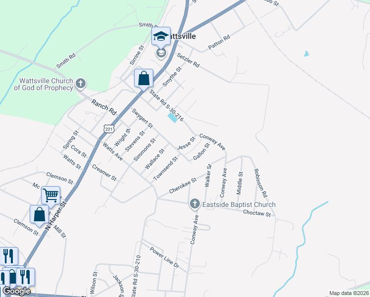 map of restaurants, bars, coffee shops, grocery stores, and more near 3 Jesse Street in Laurens