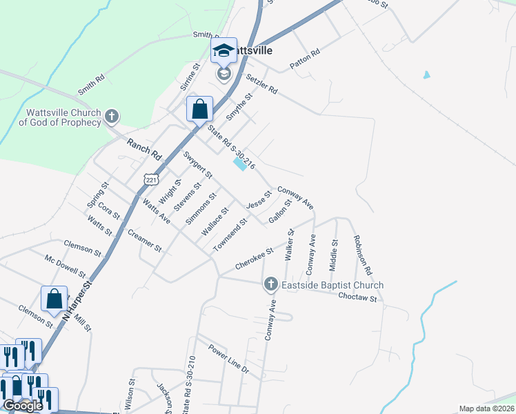 map of restaurants, bars, coffee shops, grocery stores, and more near 3 Jesse Street in Laurens