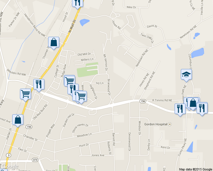 map of restaurants, bars, coffee shops, grocery stores, and more near 101 Ivy Lane in Calhoun