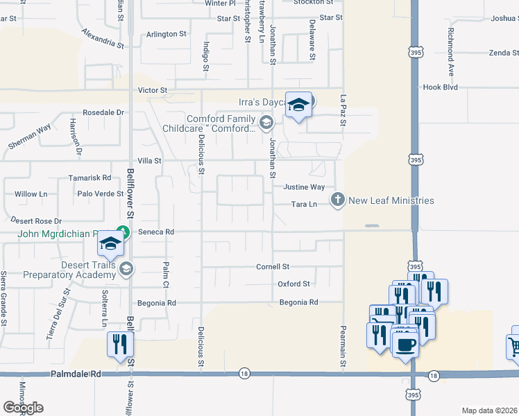 map of restaurants, bars, coffee shops, grocery stores, and more near 14550 Blue Sage Road in Adelanto