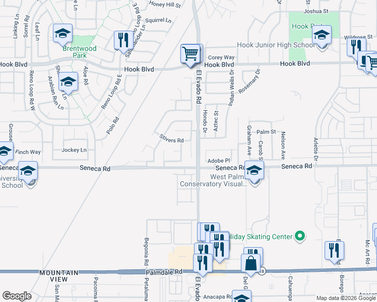 map of restaurants, bars, coffee shops, grocery stores, and more near 14566 Foothill Road in Victorville