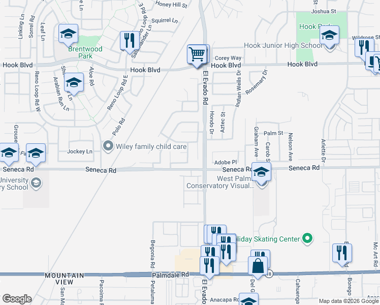 map of restaurants, bars, coffee shops, grocery stores, and more near 14559 Windmill Road in Victorville