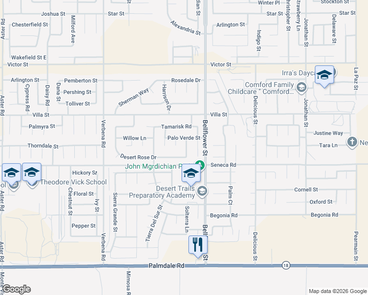 map of restaurants, bars, coffee shops, grocery stores, and more near 14557 Juniper Lane in Adelanto