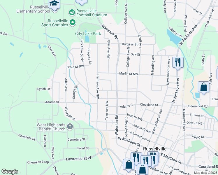 map of restaurants, bars, coffee shops, grocery stores, and more near 1-199 Hendrix Dr in Russellville