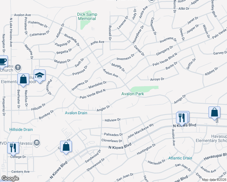 map of restaurants, bars, coffee shops, grocery stores, and more near 2450 Palo Verde Boulevard North in Lake Havasu City