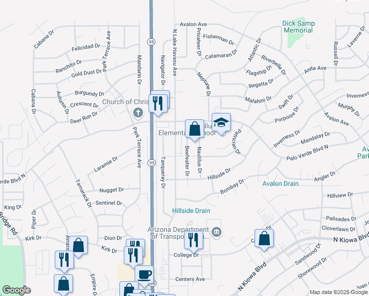 map of restaurants, bars, coffee shops, grocery stores, and more near 1435 Beefeater Drive in Lake Havasu City