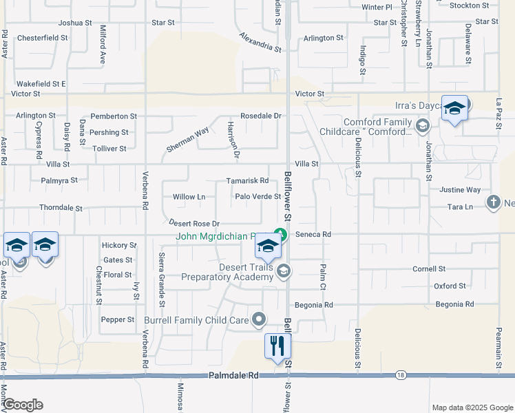 map of restaurants, bars, coffee shops, grocery stores, and more near 14580 Juniper Lane in Adelanto