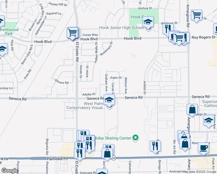 map of restaurants, bars, coffee shops, grocery stores, and more near 14547 Graham Avenue in Victorville