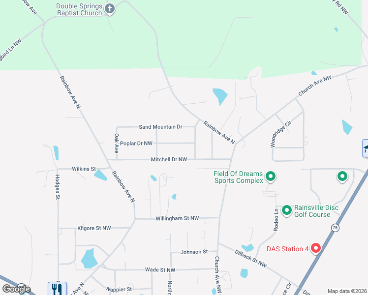 map of restaurants, bars, coffee shops, grocery stores, and more near 232 Mitchell Drive Northwest in Rainsville