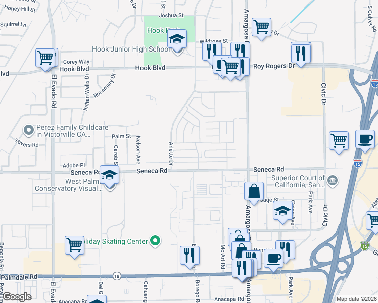 map of restaurants, bars, coffee shops, grocery stores, and more near 15252 Comstock Drive in Victorville