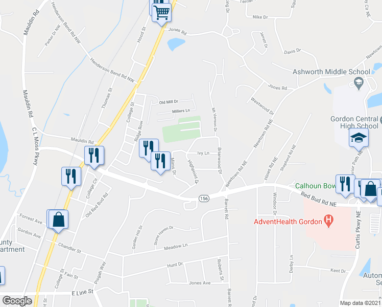 map of restaurants, bars, coffee shops, grocery stores, and more near 106 Ivy Lane in Calhoun