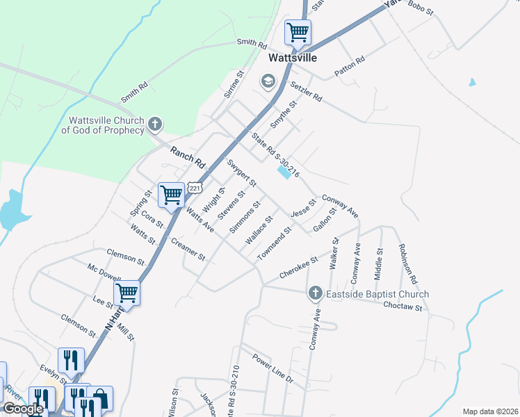 map of restaurants, bars, coffee shops, grocery stores, and more near 10 Simmons Street in Laurens