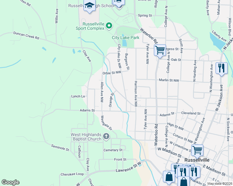 map of restaurants, bars, coffee shops, grocery stores, and more near 639-681 Jefferson Street Northwest in Russellville