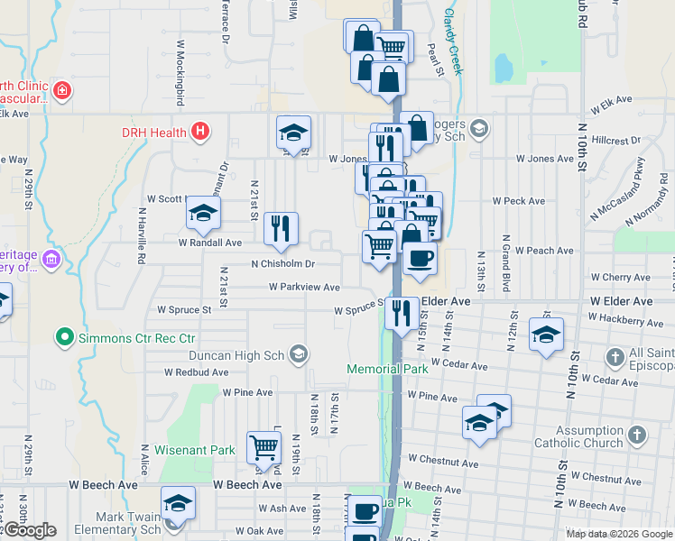 map of restaurants, bars, coffee shops, grocery stores, and more near 1707 West Parkview Avenue in Duncan