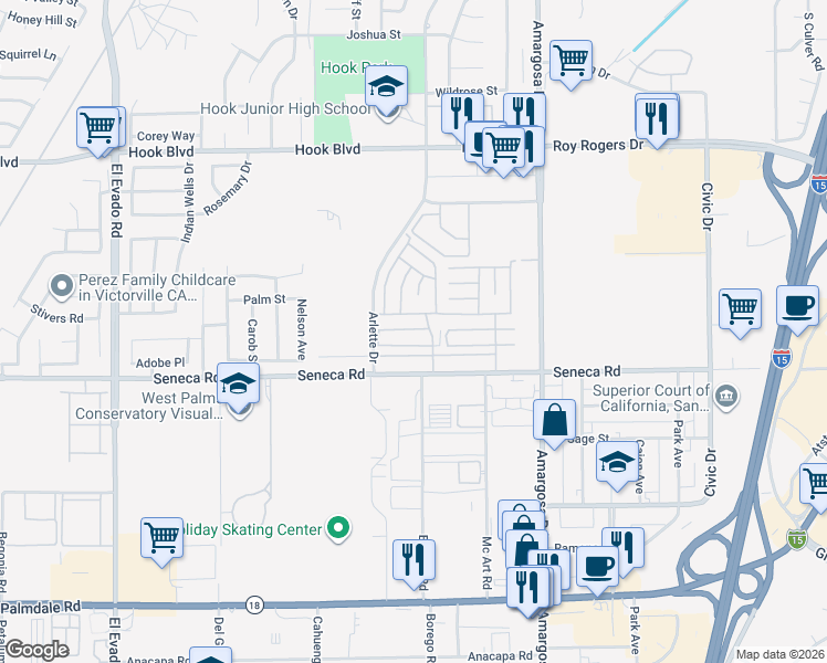 map of restaurants, bars, coffee shops, grocery stores, and more near 15252 Comstock Drive in Victorville